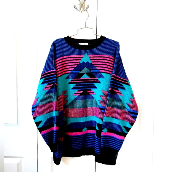 90s Oversized Geometric Sweater size 2X (40/42) Extra Point Teal/Purple/Blue/Bla - Picture 1 of 5